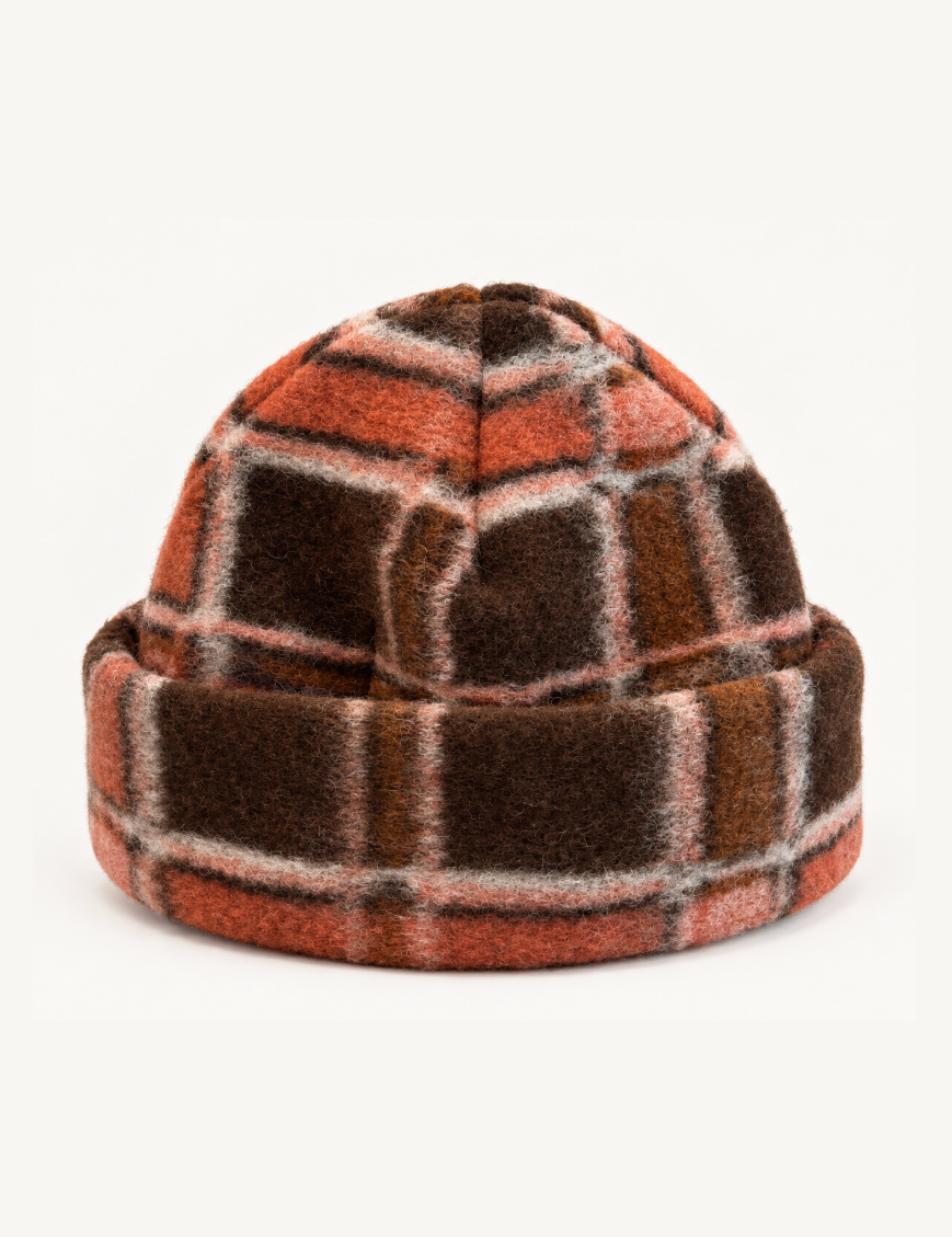 Barn Beanie in Cocoa Plaid wool