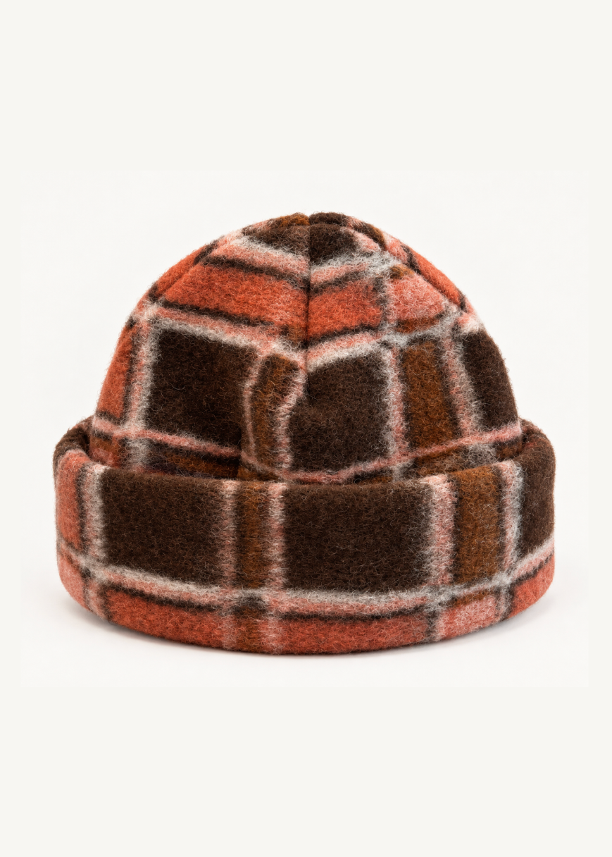 Barn Beanie in Cocoa Plaid wool