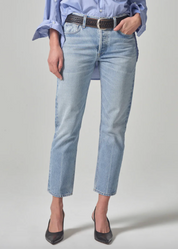 person wearing Citizens of Humanity womens Isla Low Rise Straight denim jeans