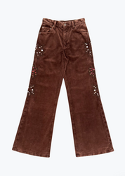 Victoria Flower Embroidered Stretch Corduroy Wide Leg Pants