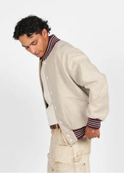 person wearing dehen 1920 mens 60's Club Jacket in Vanilla Bean wool