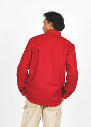 person wearing dehen 1920 mens Crissman Overshirt in Cardinal Red wool