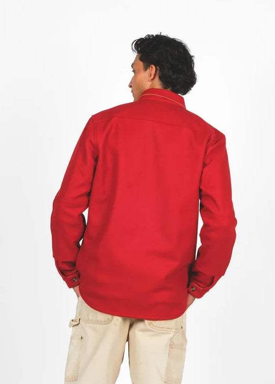person wearing dehen 1920 mens Crissman Overshirt in Cardinal Red wool
