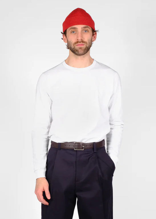 person wearing dehen1920 mens Heavy Duty Long Sleeve Tee in White