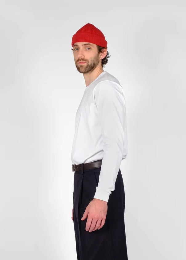 person wearing dehen1920 mens Heavy Duty Long Sleeve Tee in White