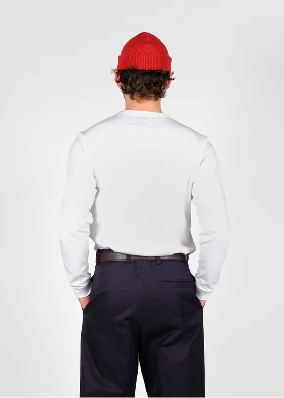 person wearing dehen1920 mens Heavy Duty Long Sleeve Tee in White