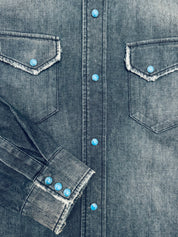 Hollywood Forever Records mens chambray denim Turquoise Snap Western Denim Shirt