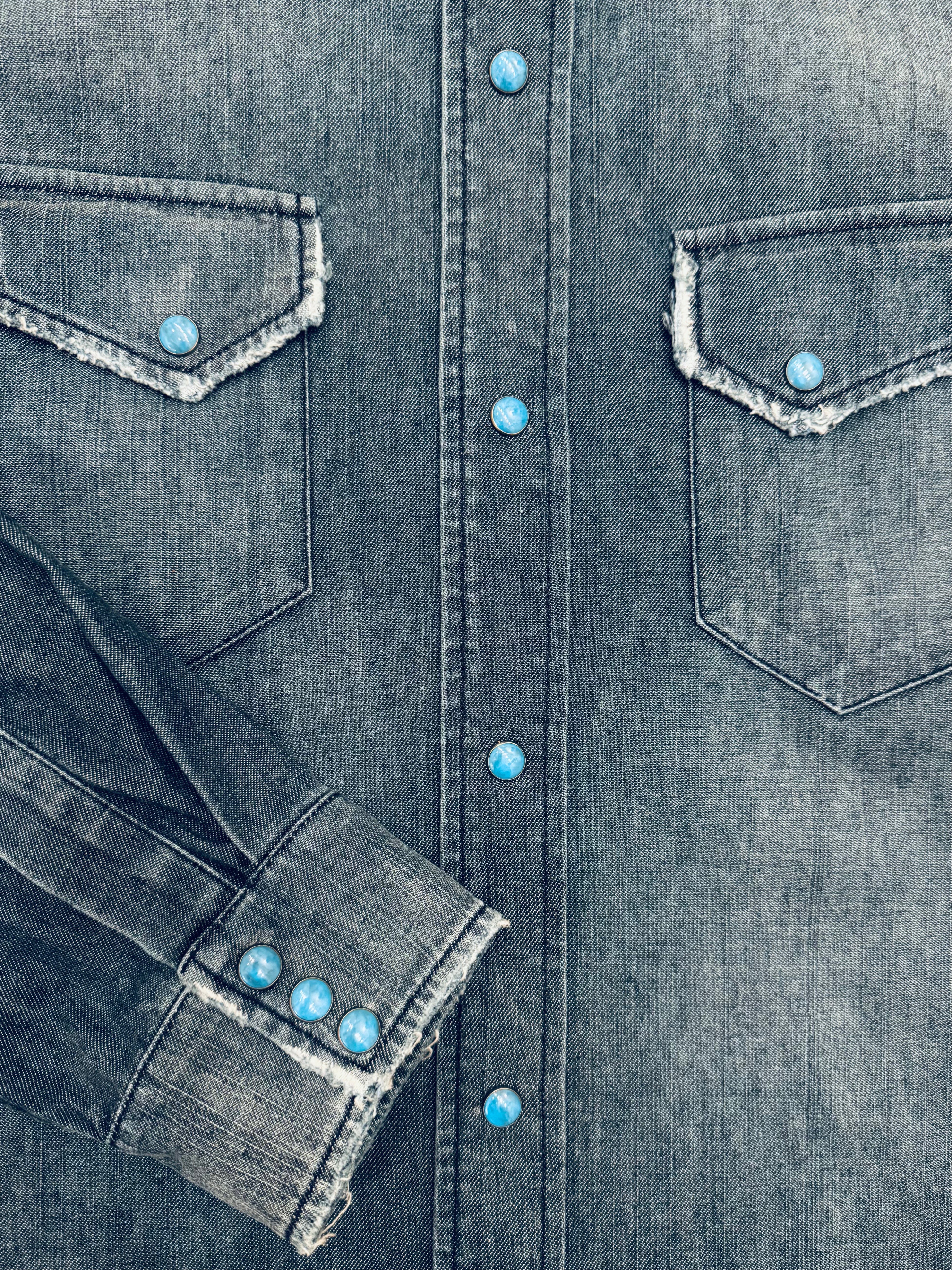 Hollywood Forever Records mens chambray denim Turquoise Snap Western Denim Shirt