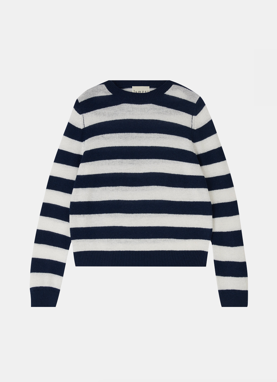 Cashmere Stripe Crew in Navy & Cream