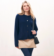 Cashmere Heavy Crew Cardigan in Navy
