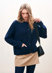 Cashmere Heavy Crew Cardigan in Navy