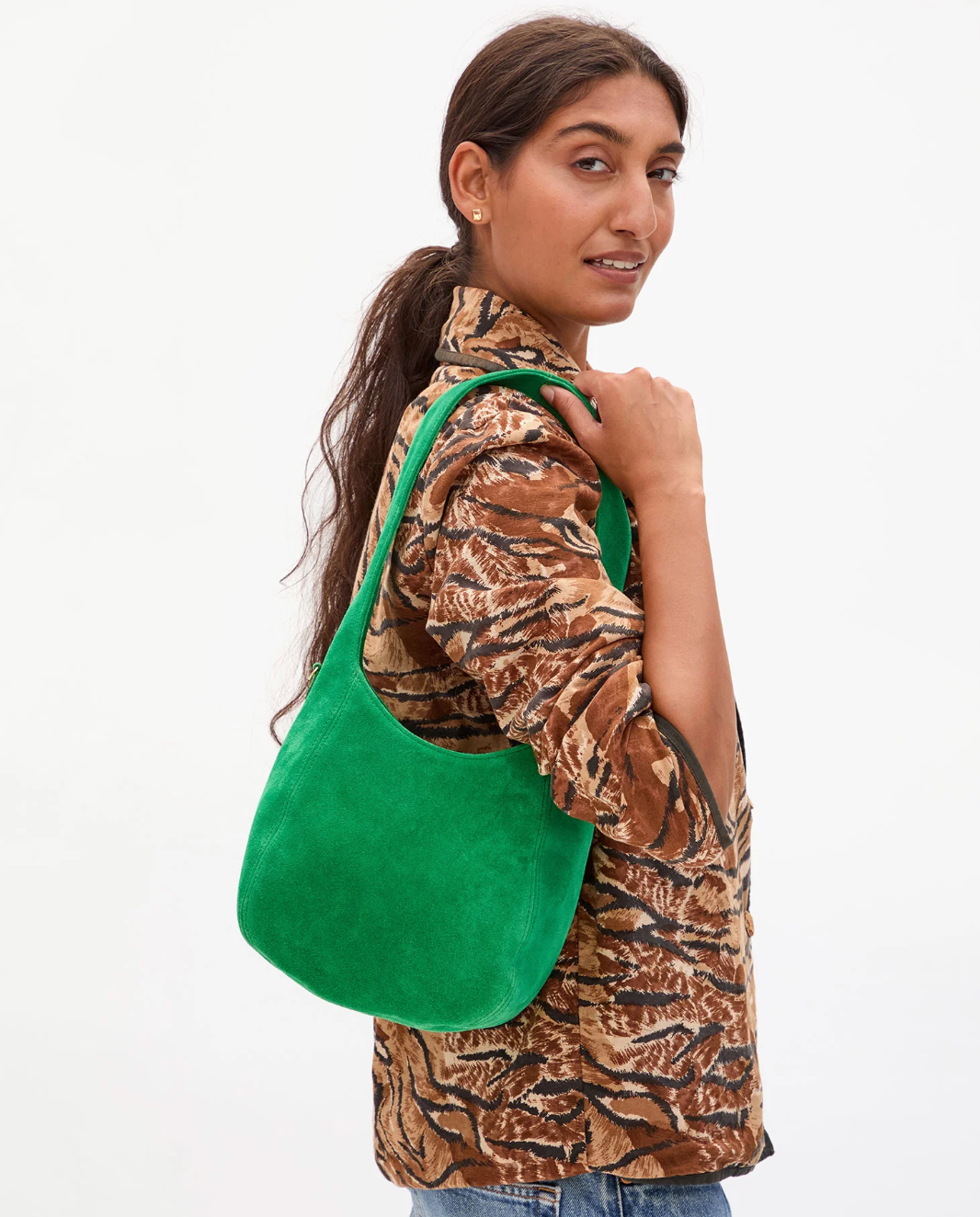 Petit Bando in Grass Suede shown over the shoulder