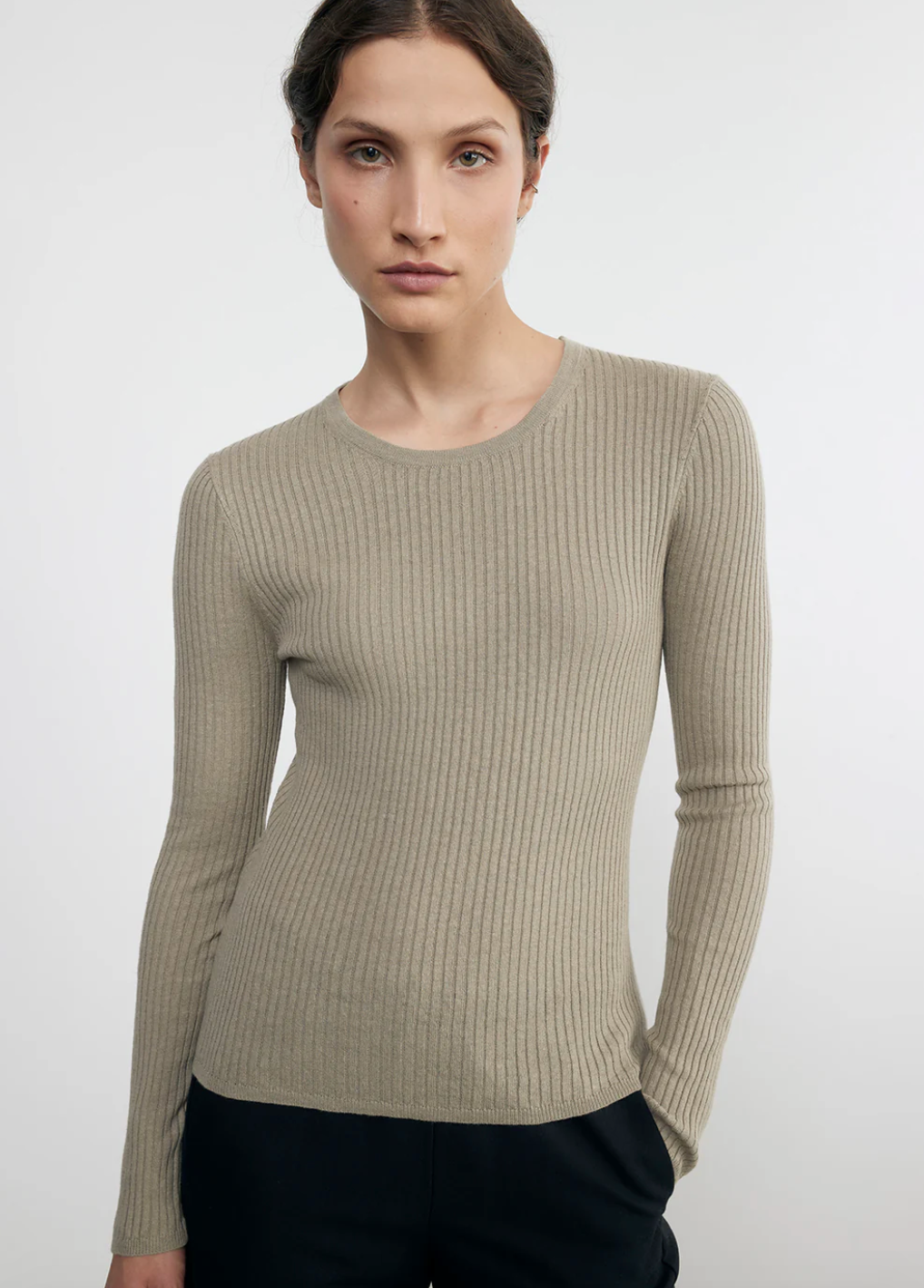 Linen Cotton Long Sleeve Sweater Tee in Ash