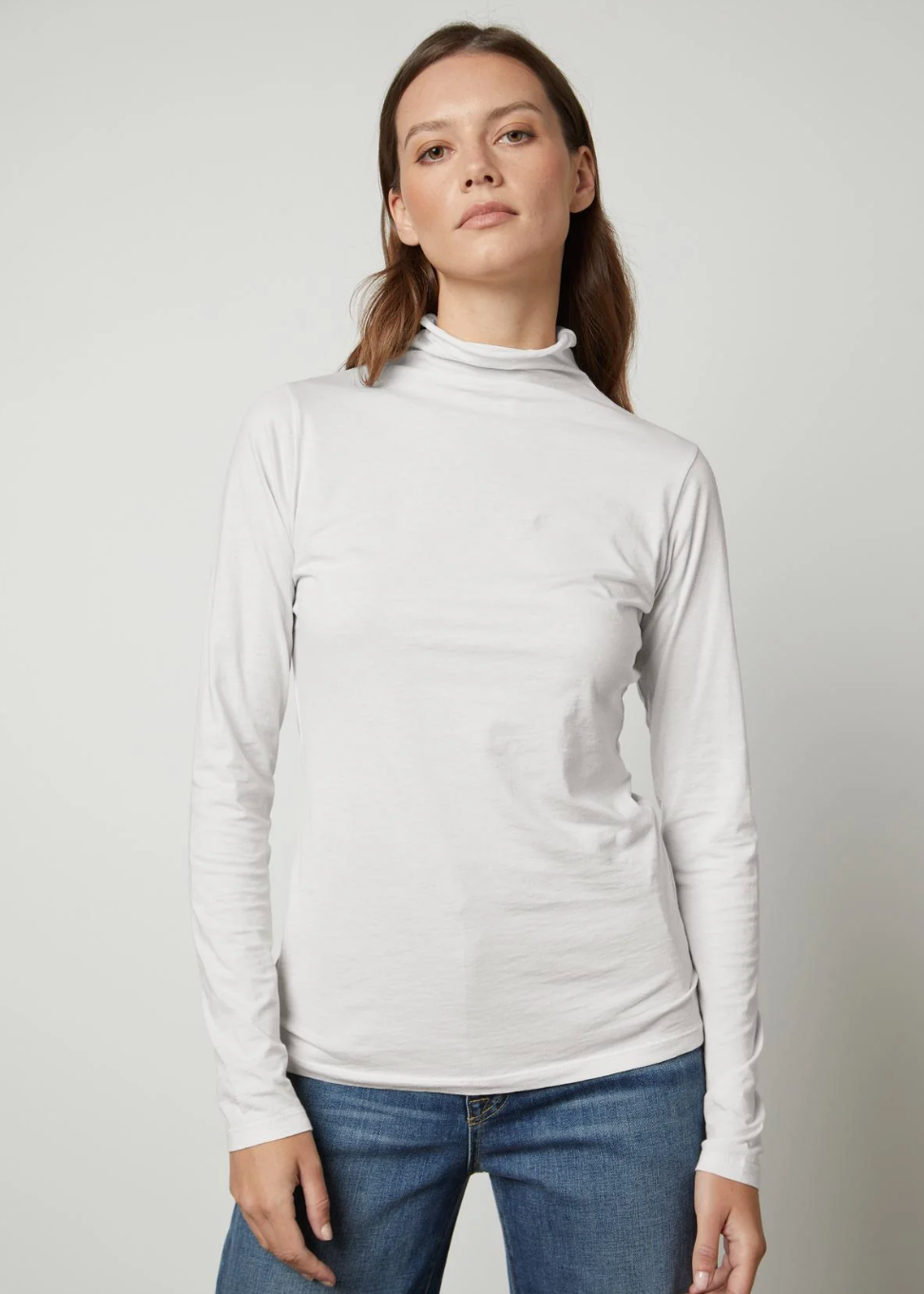 person wearing womens velvet tees graham spencer Talisia Gauzy Cotton Tee in White