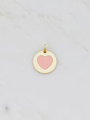 Vintage fine jewelry 14k yellow gold pink Enamel Heart Disc Pendant