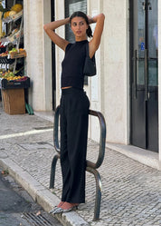 person wearing anemos womens Wide Leg Stretch Twill Pant in Black