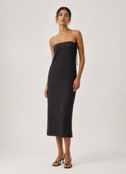 person wearing azur womens Crumpled Silk Bustier Long Dress in Charcoal