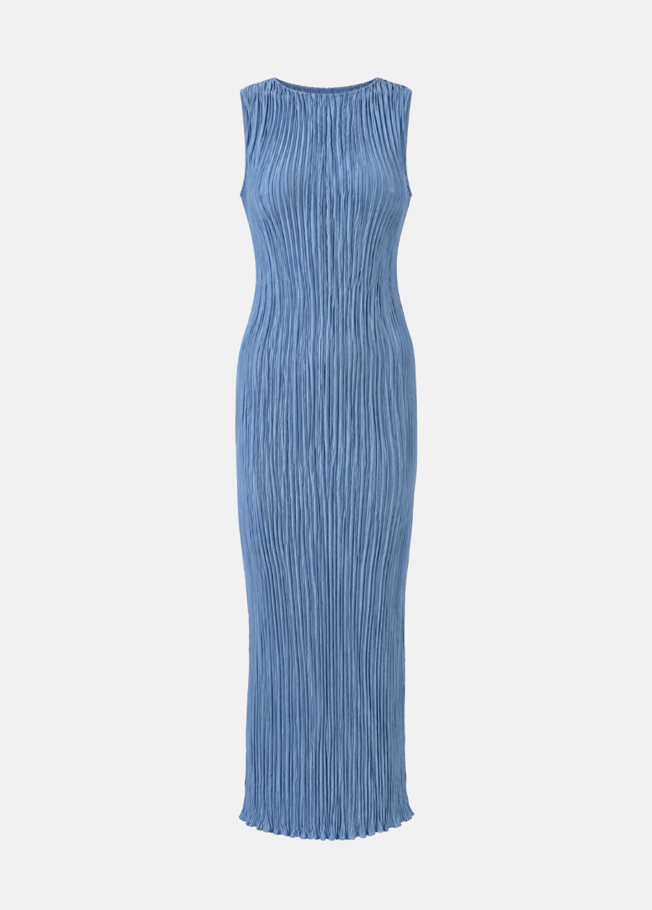 azur womens Plissé Silk Long Tank Dress in Indigo