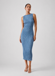 person wearing azur womens Plissé Silk Long Tank Dress in Indigo