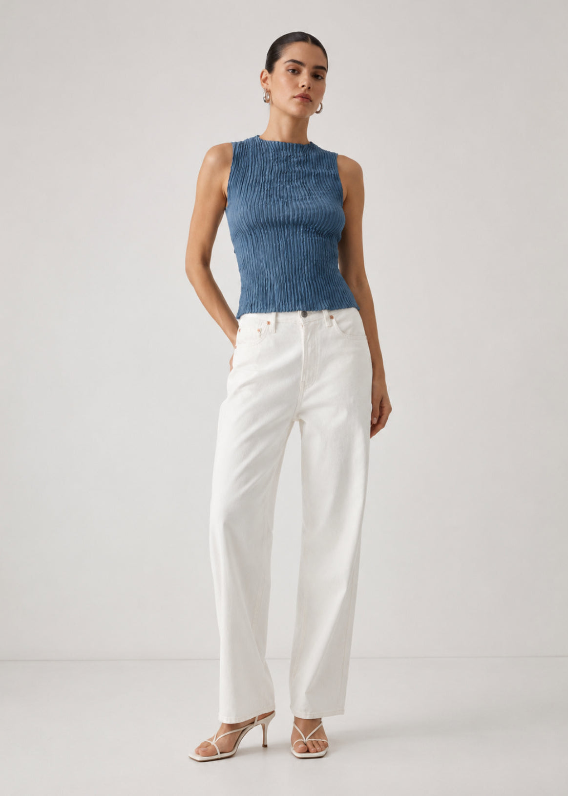 person wearing azur womens Plissé Silk Tank in Indigo