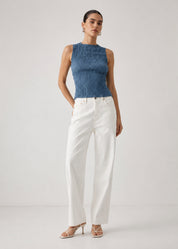 person wearing azur womens Plissé Silk Tank in Indigo