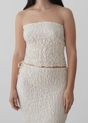 person wearing azur world womens Crumpled Silk Bustier in Off White