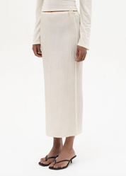 person wearing azur world womens Plissé Silk Long Skirt in Off White