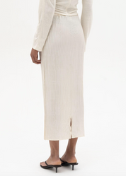 person wearing azur world womens Plissé Silk Long Skirt in Off White