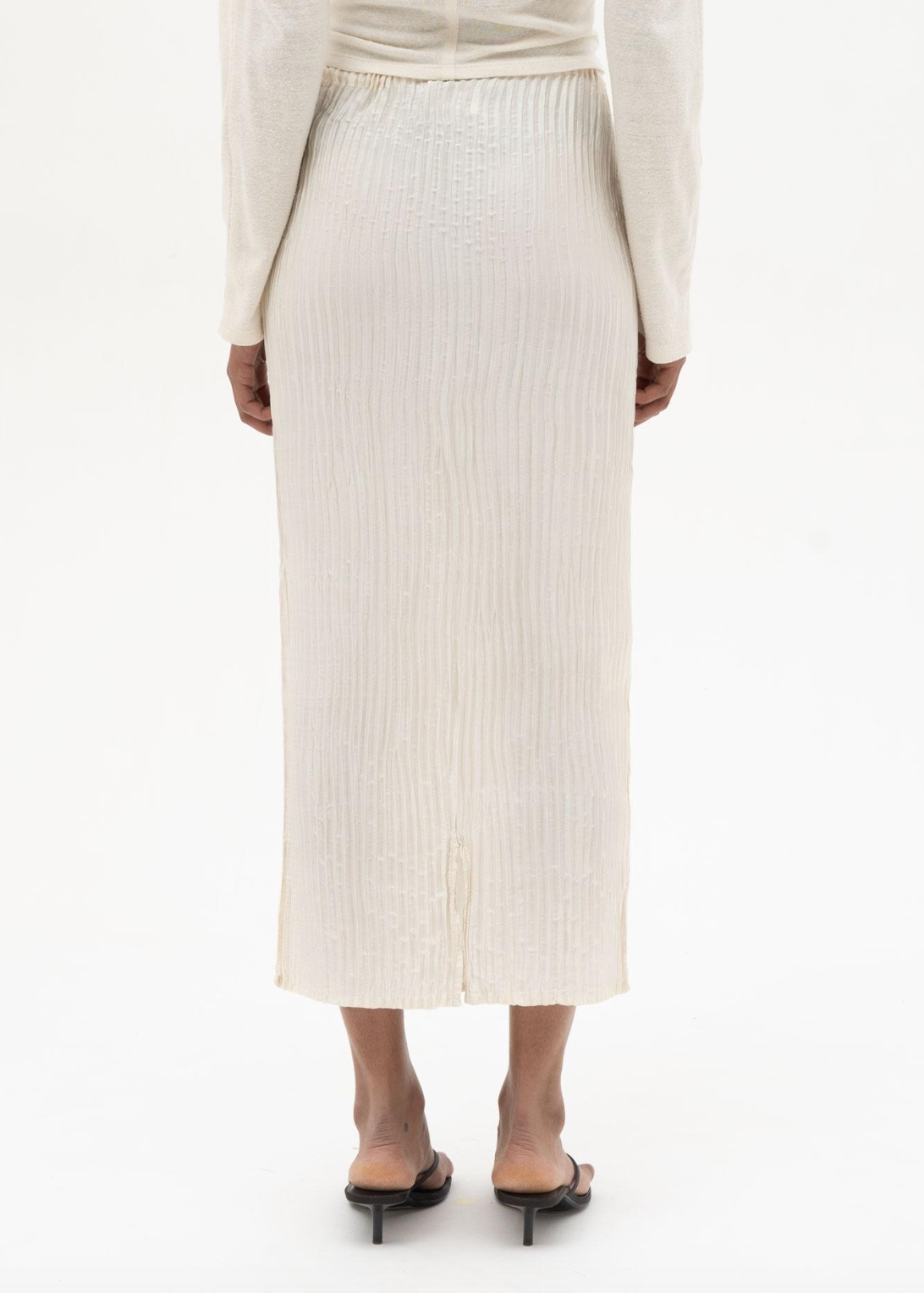 person wearing azur world womens Plissé Silk Long Skirt in Off White