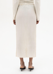 person wearing azur world womens Plissé Silk Long Skirt in Off White