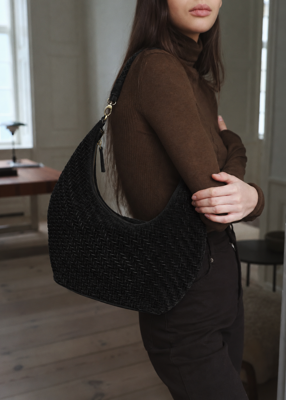 person wearing bembien womens Maja Bag in Black Suede
