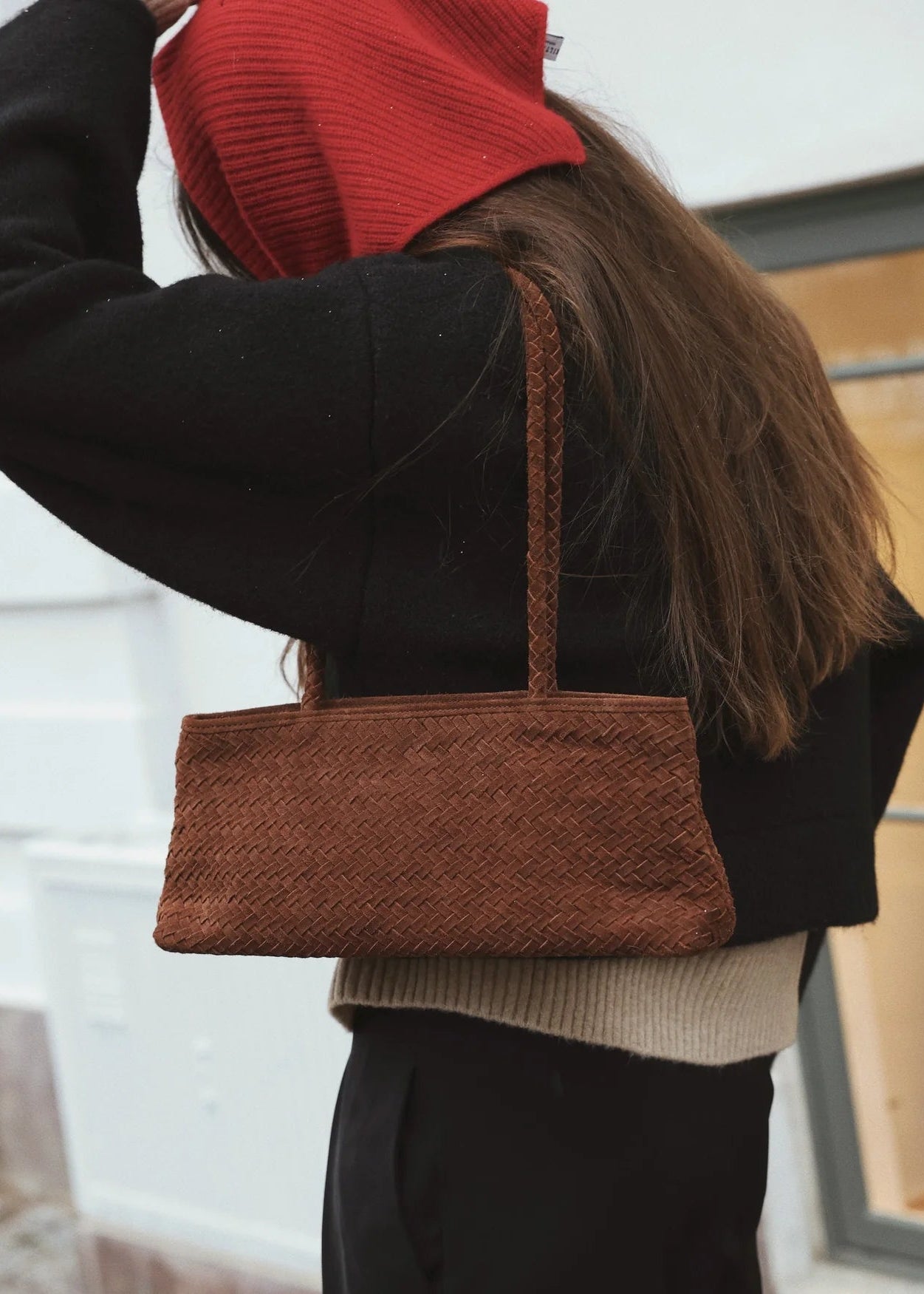 person wearing bembien womens Naomi Bag in Brown Suede