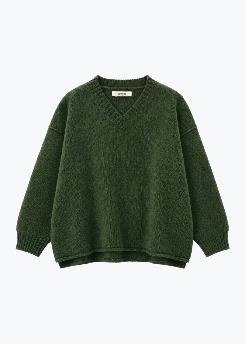 cawley studio British Merino Wool V-Neck Jumper in Pine green