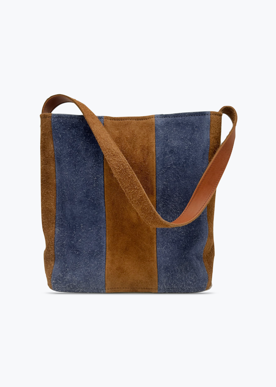 cawley studio Italian Napped Suede Shoulder Bag in Navy & Light Brown Stripe