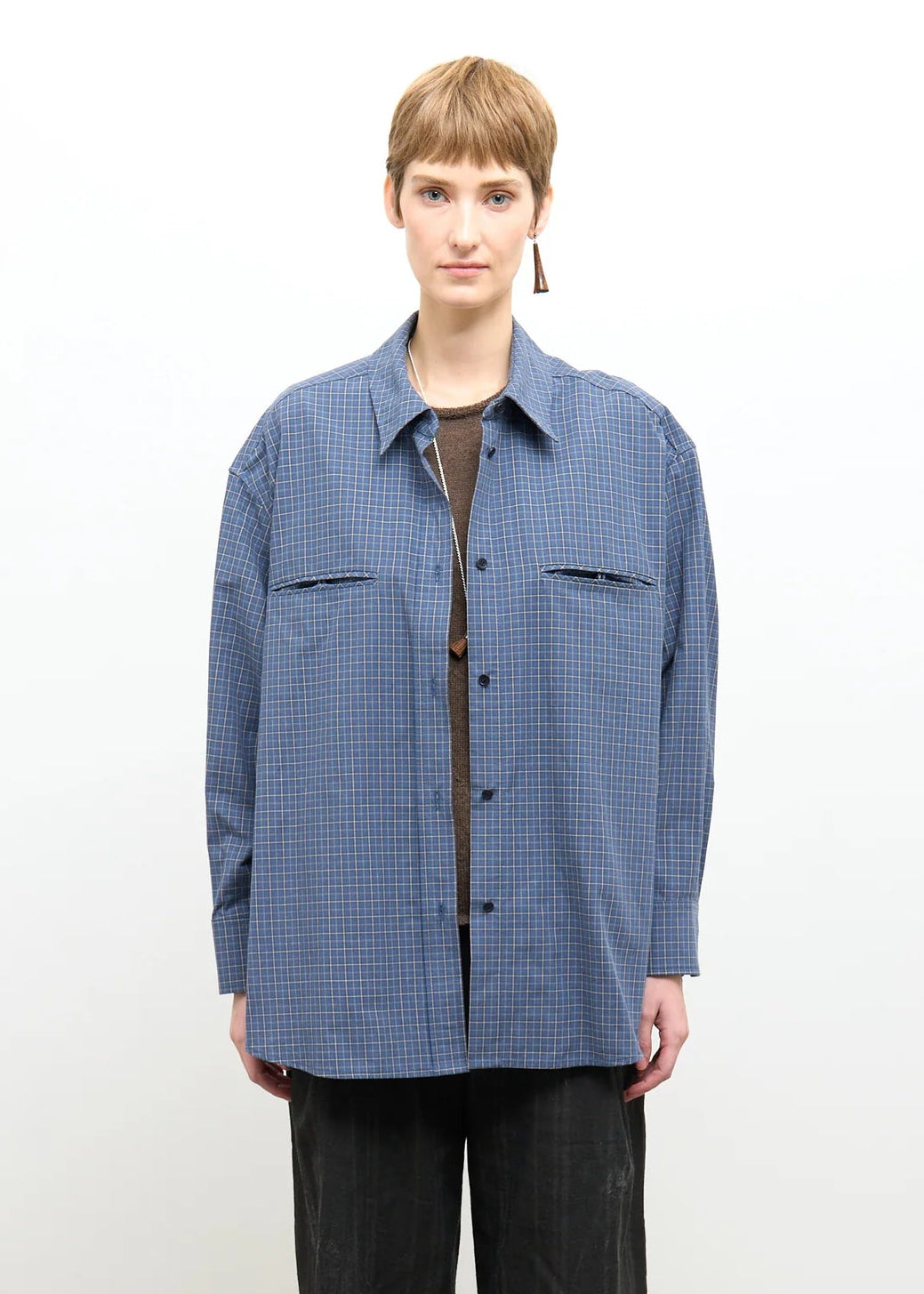 person wearing cawley studio Phoebe Shirt Blue Check Japanese Organic Mini Check Cotton