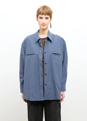 person wearing cawley studio Phoebe Shirt Blue Check Japanese Organic Mini Check Cotton