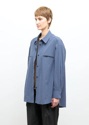 person wearing cawley studio Phoebe Shirt Blue Check Japanese Organic Mini Check Cotton