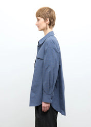 person wearing cawley studio Phoebe Shirt Blue Check Japanese Organic Mini Check Cotton
