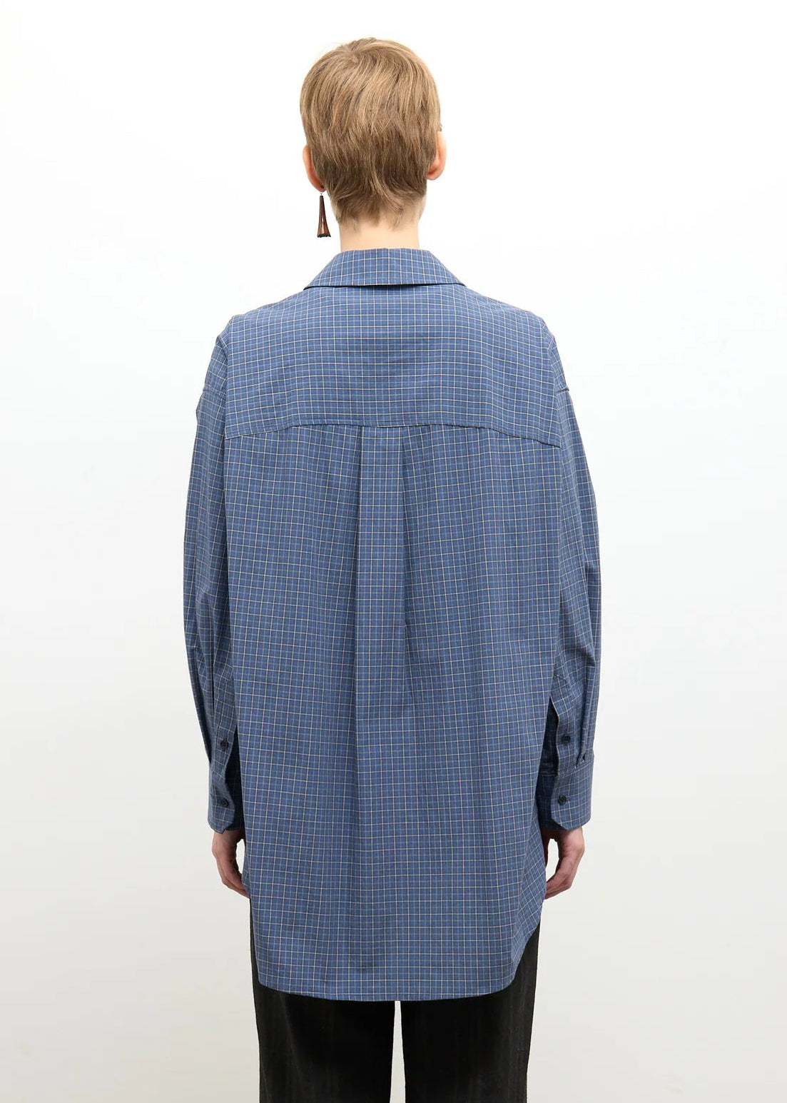 person wearing cawley studio Phoebe Shirt Blue Check Japanese Organic Mini Check Cotton