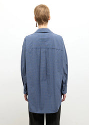 person wearing cawley studio Phoebe Shirt Blue Check Japanese Organic Mini Check Cotton