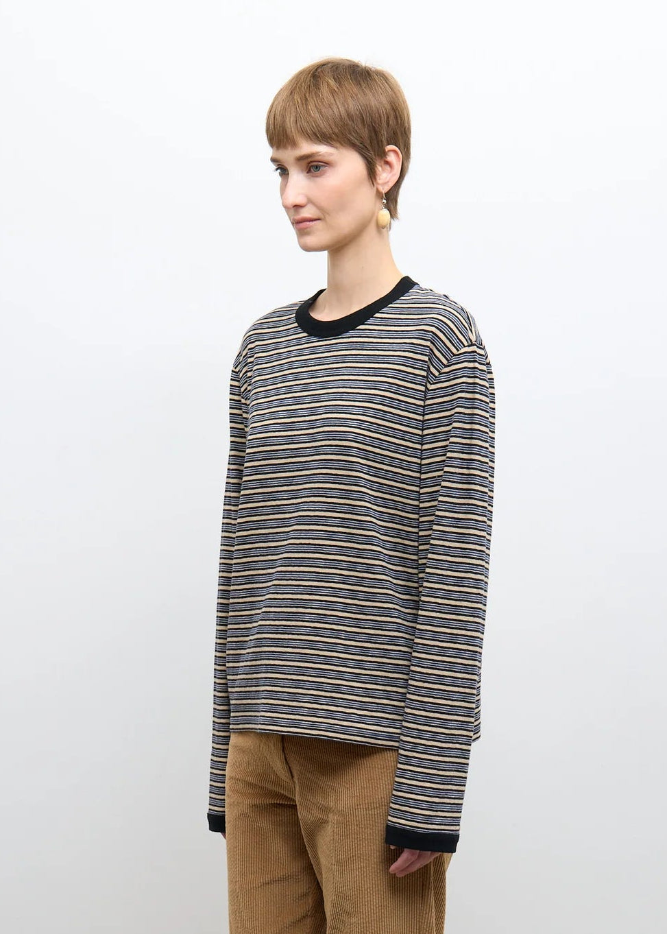 person wearing cawley studio Unisex Japanese Jersey Long Sleeve T-Shirt in Blue Stripe