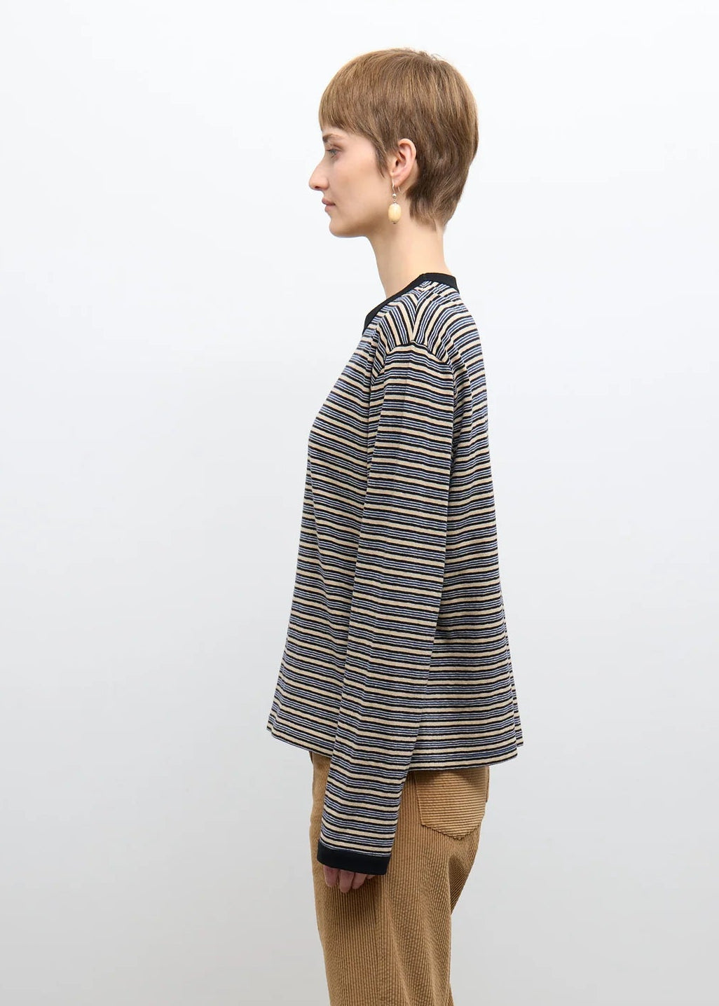 person wearing cawley studio Unisex Japanese Jersey Long Sleeve T-Shirt in Blue Stripe
