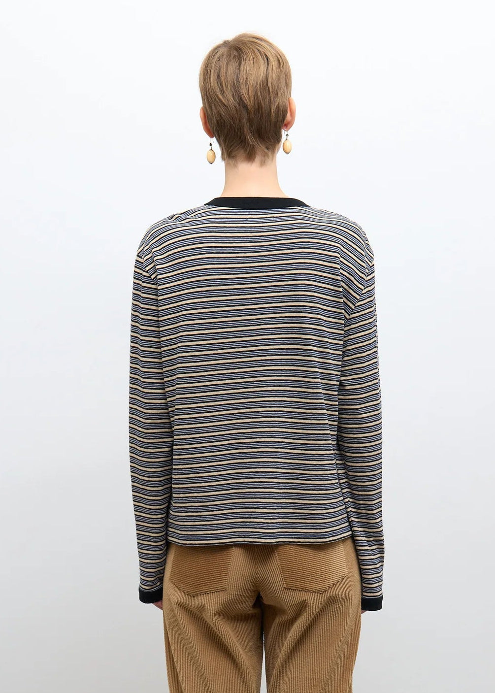 person wearing cawley studio Unisex Japanese Jersey Long Sleeve T-Shirt in Blue Stripe