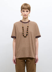 person wearing cawley studio Unisex Japanese Jersey Short Sleeve T-Shirt in Brown Stripe