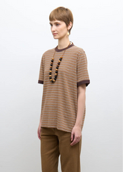 person wearing cawley studio Unisex Japanese Jersey Short Sleeve T-Shirt in Brown Stripe