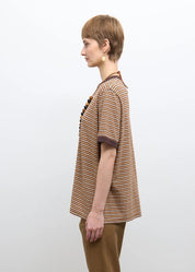 person wearing cawley studio Unisex Japanese Jersey Short Sleeve T-Shirt in Brown Stripe