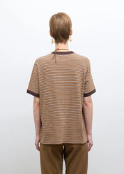 person wearing cawley studio Unisex Japanese Jersey Short Sleeve T-Shirt in Brown Stripe