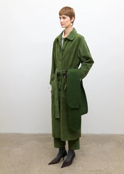person wearing cawley studio womens Long Quinn Italian Suede Jacket in Olive green