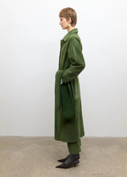 person wearing cawley studio womens Long Quinn Italian Suede Jacket in Olive green
