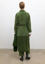 person wearing cawley studio womens Long Quinn Italian Suede Jacket in Olive green